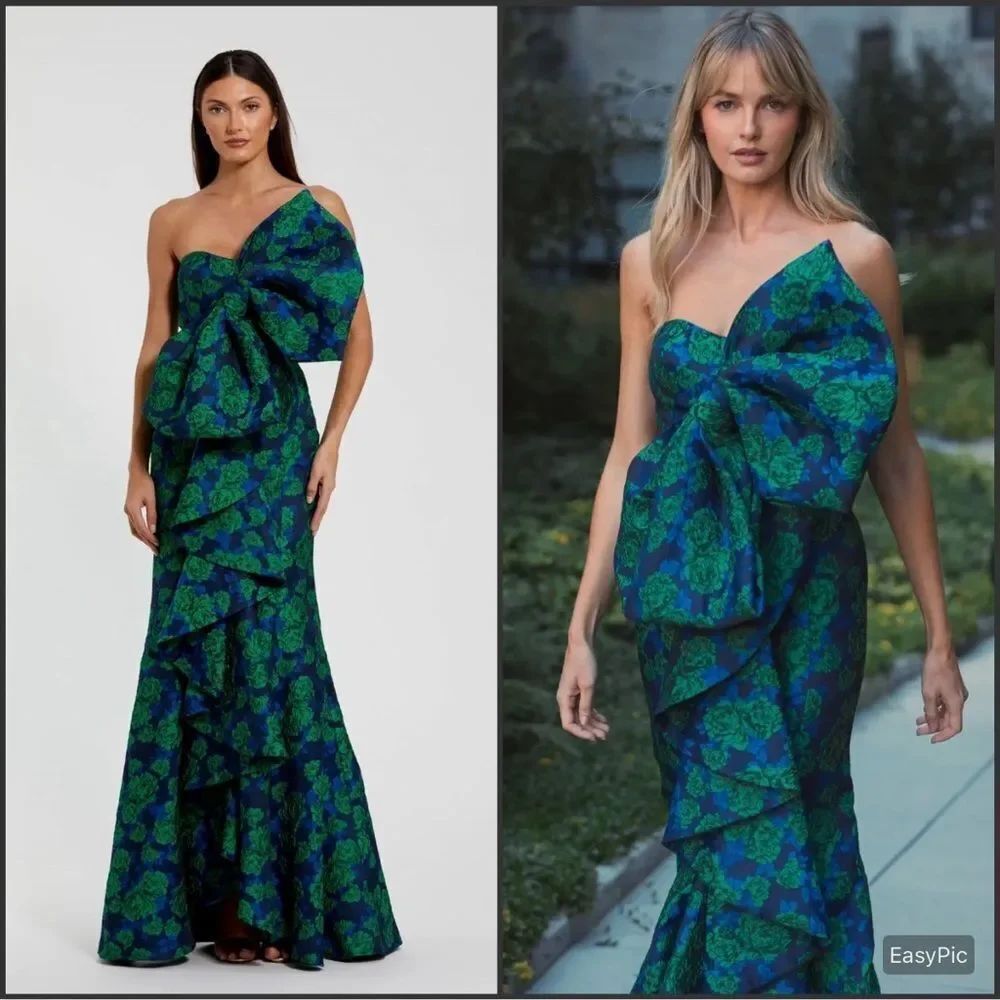 NWT Mac Duggal 27593 Strapless Brocade Oversize Bow Ruffle Fitted Gown 6